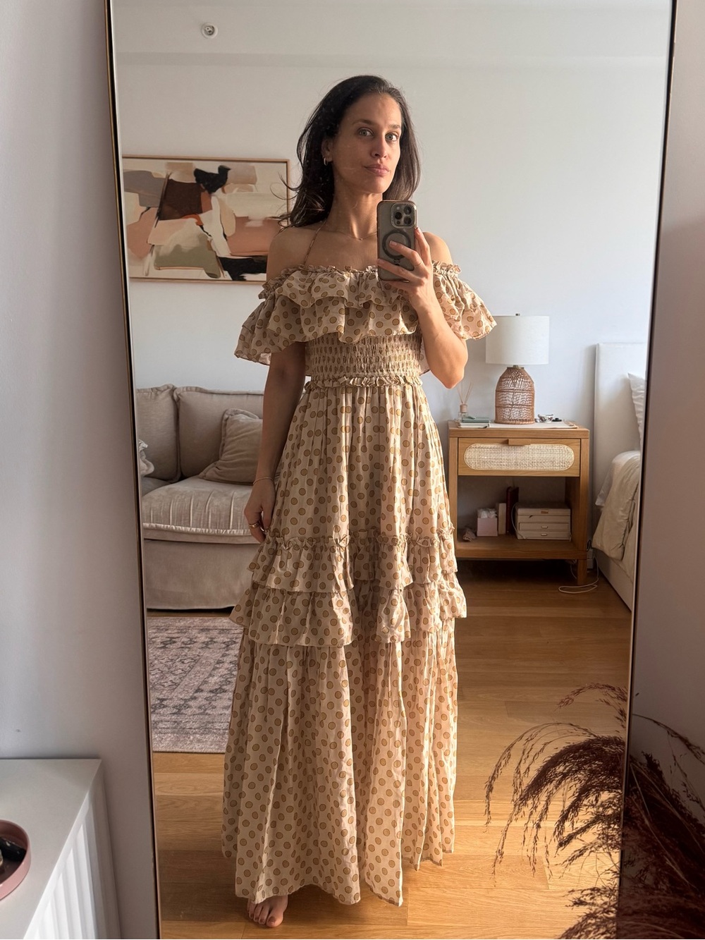 Off-Shoulder Polka-Dot Beige Maxi Dress with Ruffle Tiers